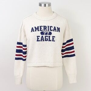 American Eagle Sweater Womens Medium White Blue Red Football Collegiate Crop‎